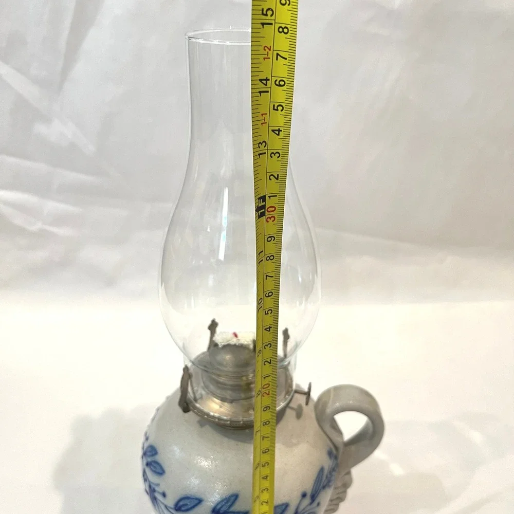 Salmon Falls Stoneware Kerosene Oil Lamp & Chimney Blueberry Vine Signed 1999